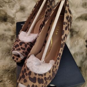 New Cole Haan Drado Peep Toe Leopard Print Suede Heels Size 8
